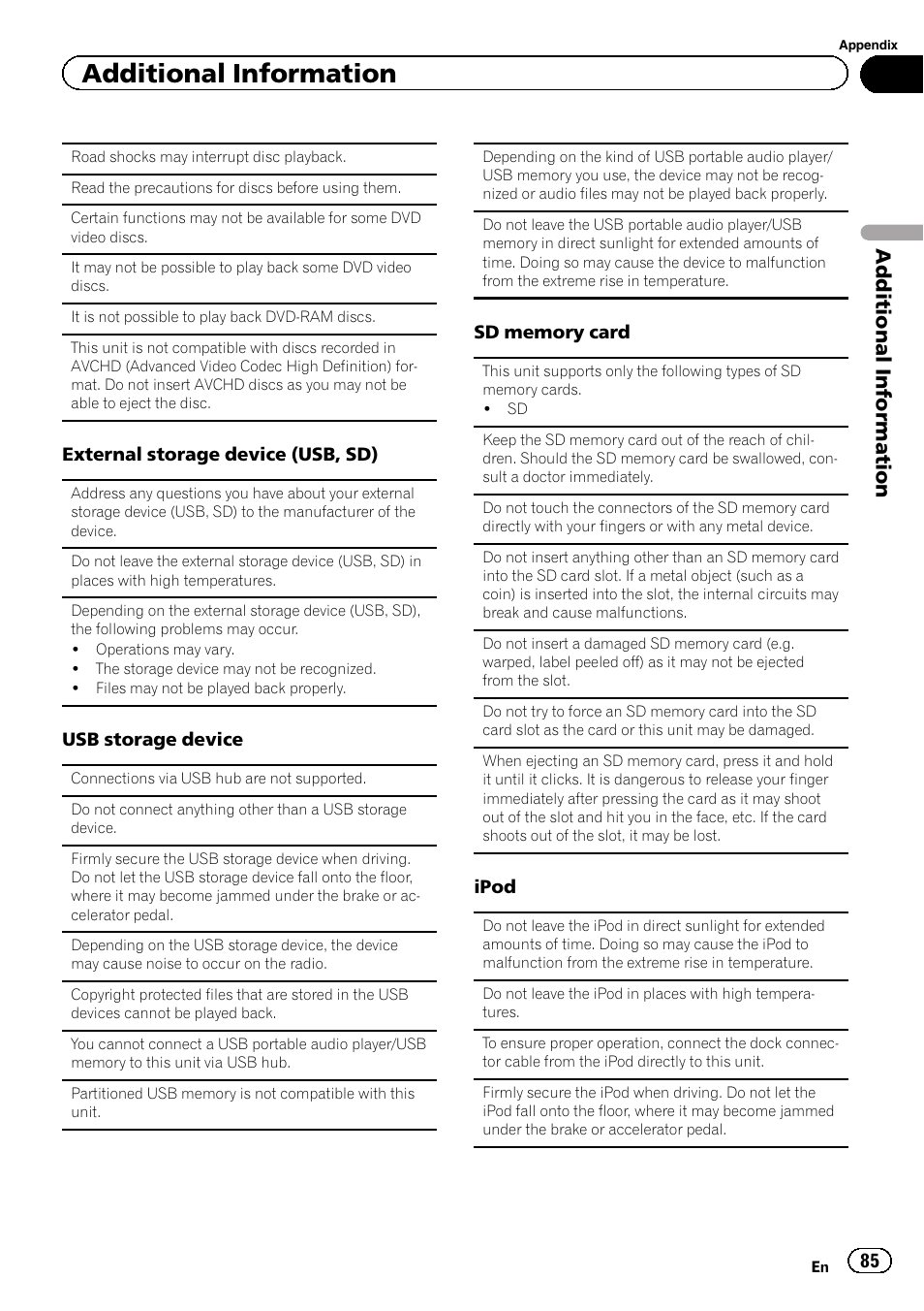 Additional information | Pioneer AVH-P4200DVD User Manual | Page 85 / 96