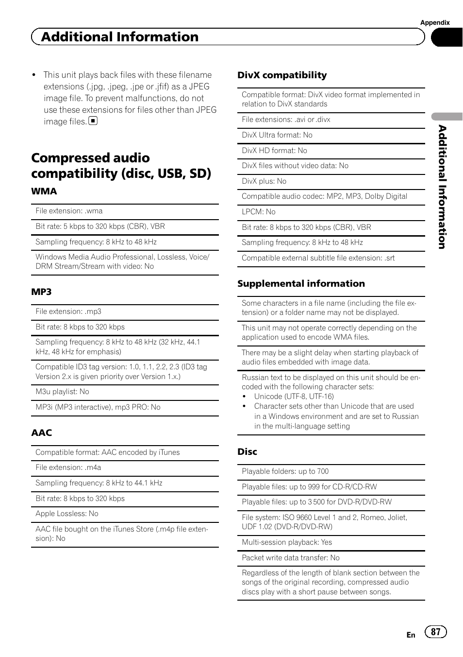 Compressed audio compatibility (disc, usb, Compressed audio compatibility (disc, usb, sd), Additional information | Pioneer AVH-P4200DVD User Manual | Page 87 / 96