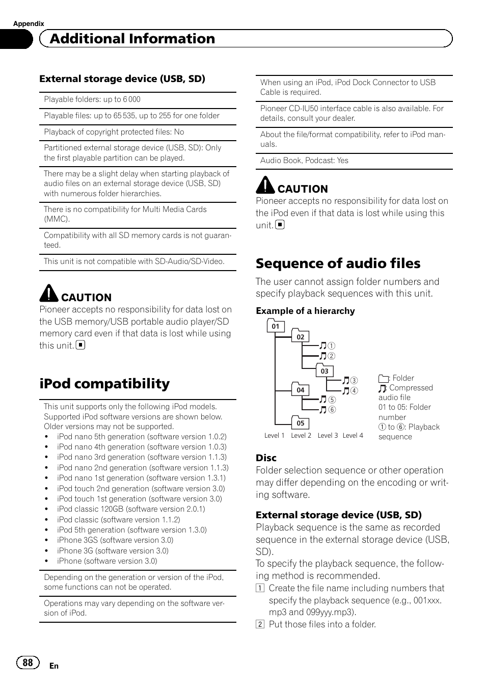 Ipod compatibility, Sequence of audio files, Additional information | Caution | Pioneer AVH-P4200DVD User Manual | Page 88 / 96