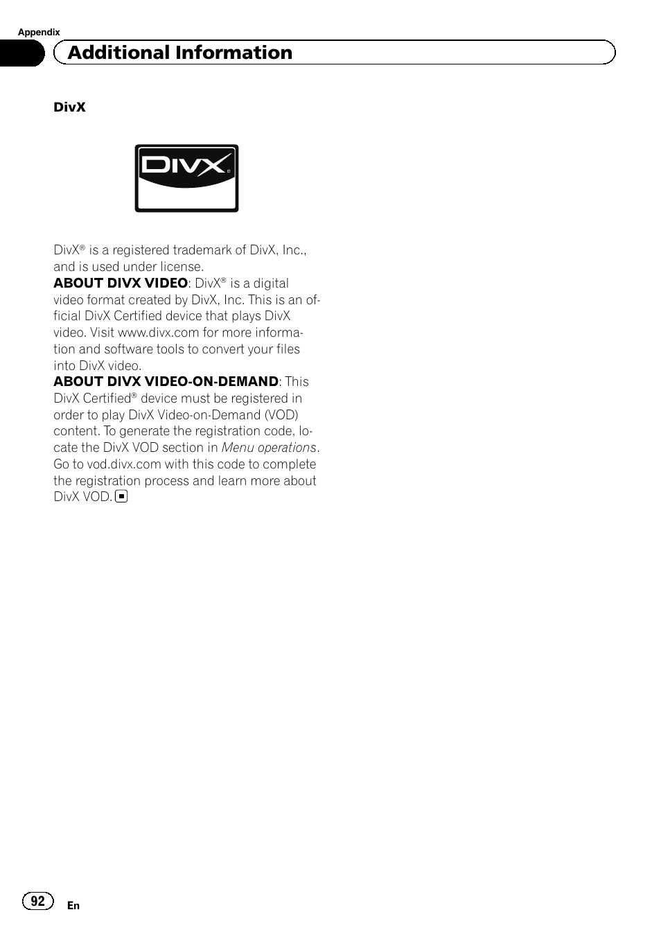 Additional information | Pioneer AVH-P4200DVD User Manual | Page 92 / 96