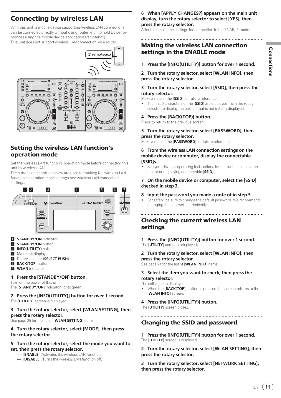 Connecting by wireless lan, Setting the wireless lan function’s operation mode, Checking the current wireless lan settings | Changing the ssid and password, Connections, 1 press the [standby/on] button, 4 press the [back(top)] button, 4 press the [info(utility)] button, Usb cd midi, Auto | Pioneer XDJ-R1 User Manual | Page 11 / 38