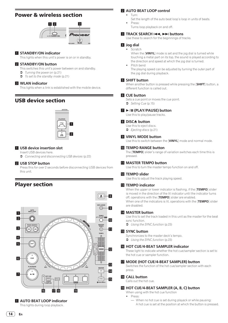 Power & wireless section, Usb device section, Player section | Part names and functions, 32 1 1 standby/on indicator, 2standby/on button, 3wlan indicator, 21 1 usb device insertion slot, 2usb stop button, 2auto beat loop control | Pioneer XDJ-R1 User Manual | Page 14 / 38