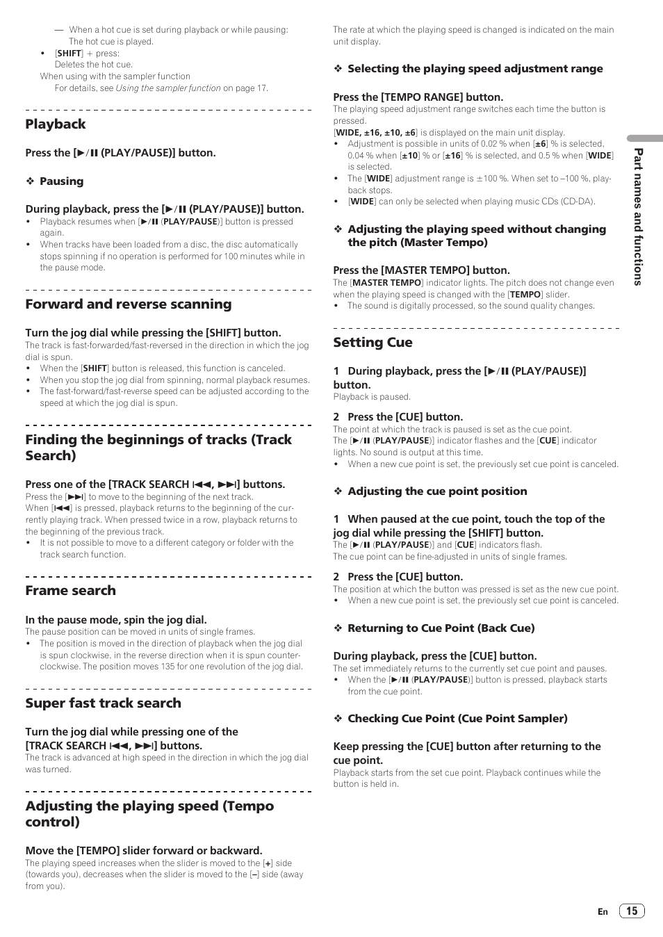 Playback, Forward and reverse scanning, Finding the beginnings of tracks (track search) | Frame search, Super fast track search, Adjusting the playing speed (tempo control), Setting cue | Pioneer XDJ-R1 User Manual | Page 15 / 38