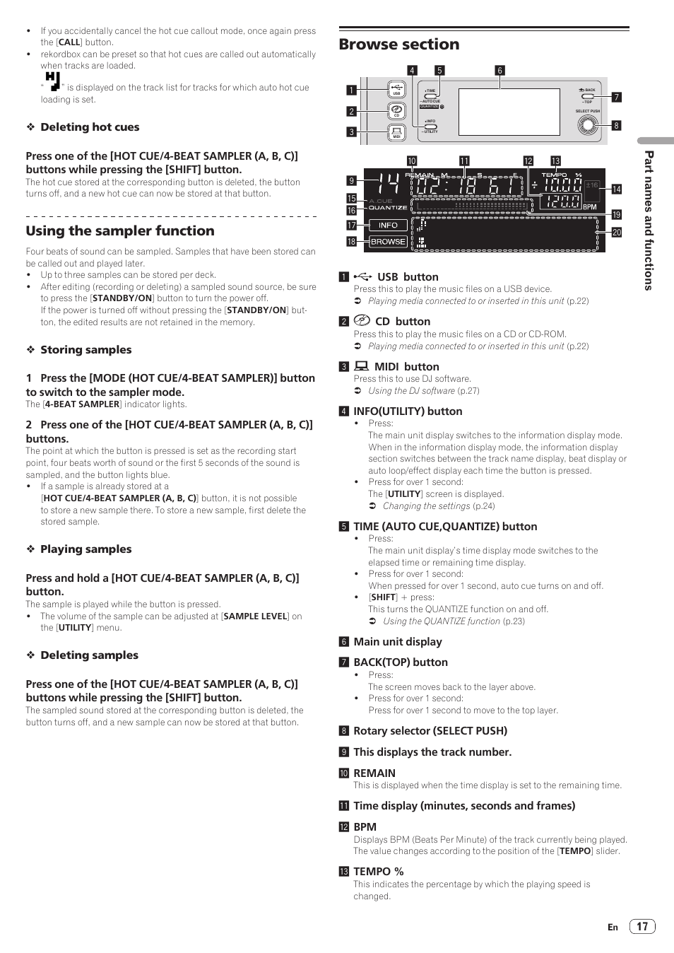 Browse section, Using the sampler function | Pioneer XDJ-R1 User Manual | Page 17 / 38