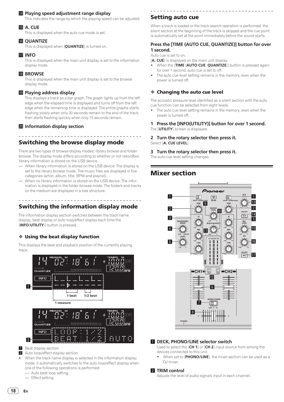 Mixer section, Switching the browse display mode, Switching the information display mode | Setting auto cue, Eplaying speed adjustment range display, Fa. cue, Gquantize, Hinfo, Ibrowse, Jplaying address display | Pioneer XDJ-R1 User Manual | Page 18 / 38