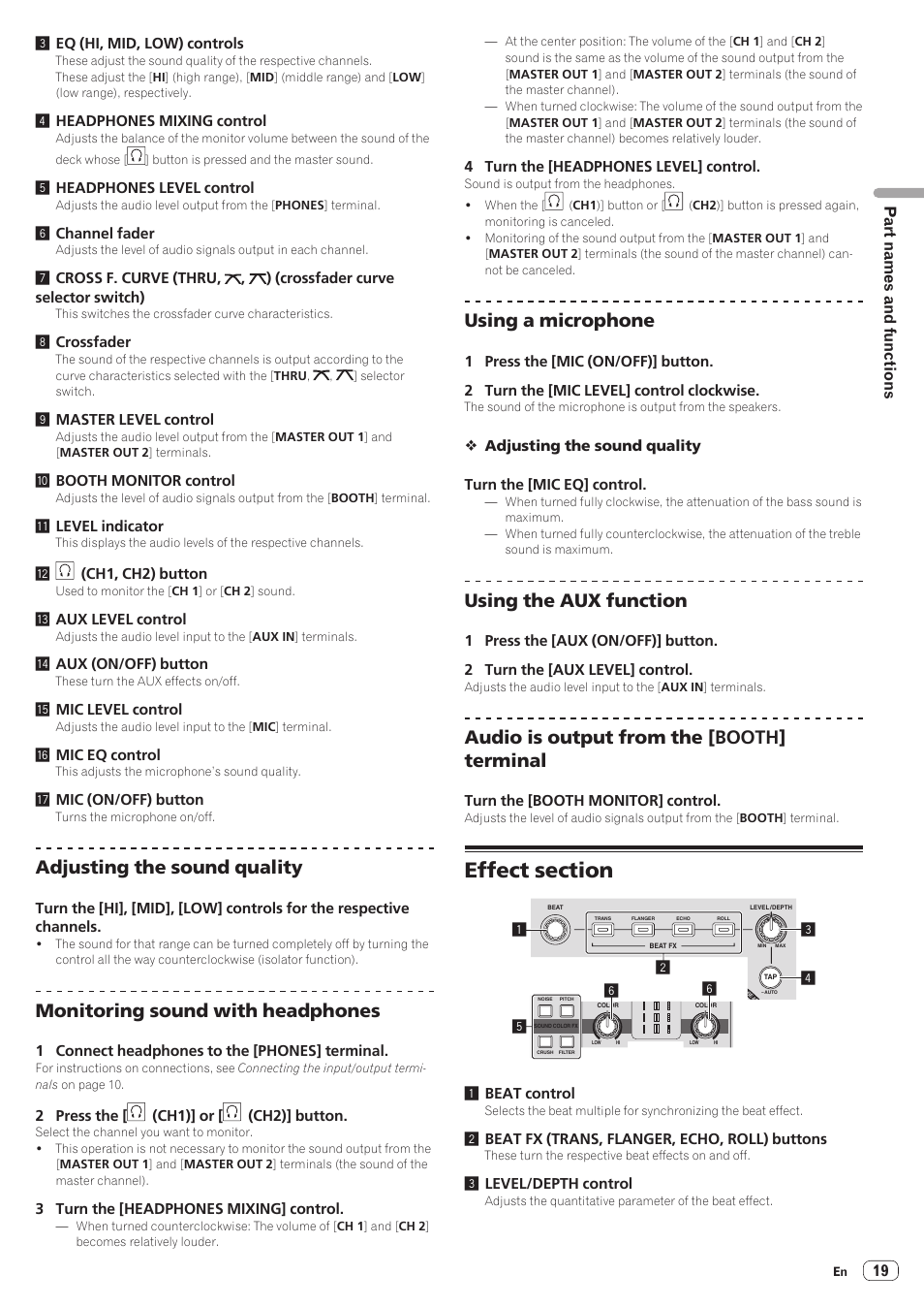 Effect section, Adjusting the sound quality, Monitoring sound with headphones | Using a microphone, Using the aux function, Audio is output from the [booth] terminal, Part names and functions | Pioneer XDJ-R1 User Manual | Page 19 / 38