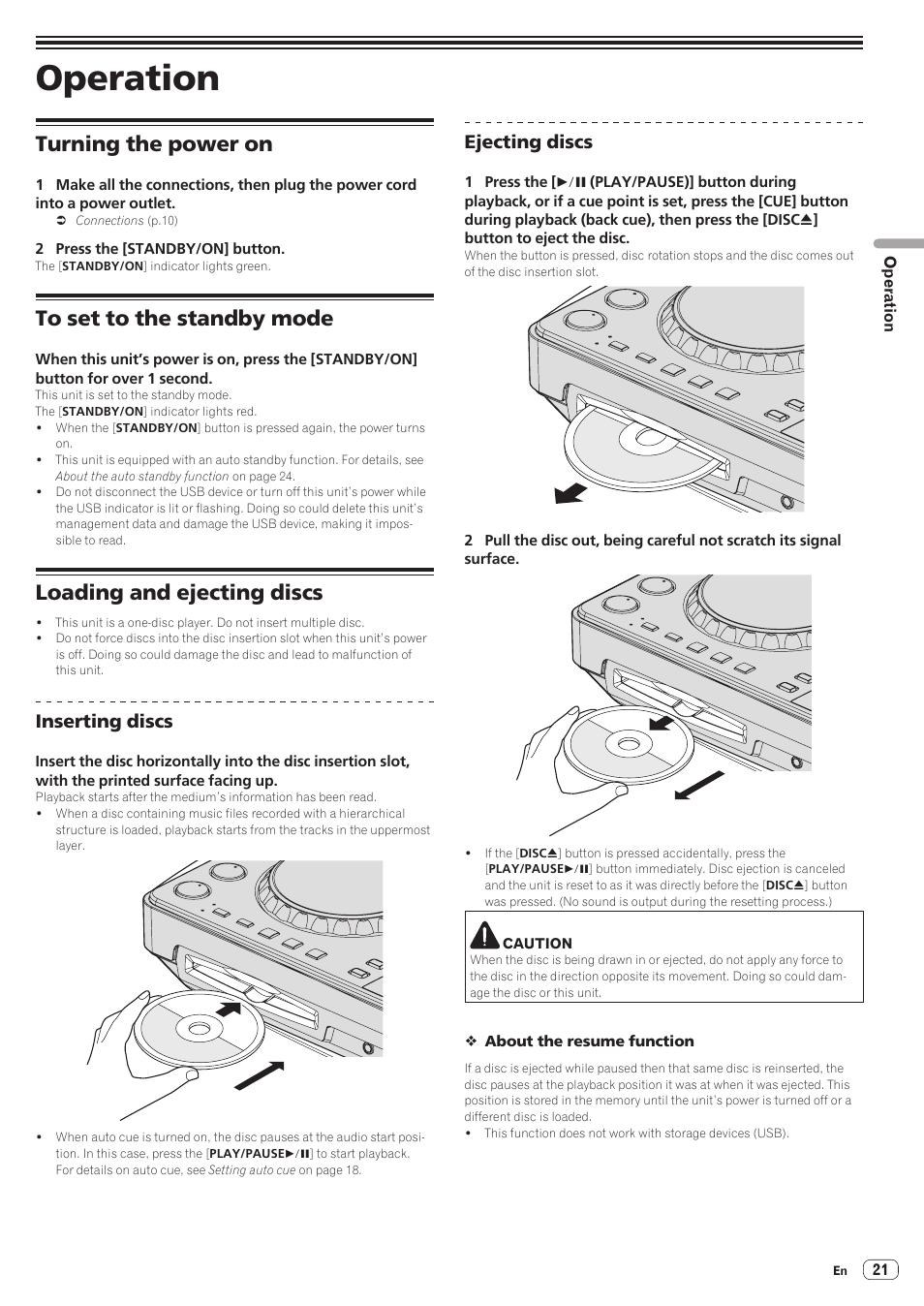 Operation, Turning the power on, To set to the standby mode | Loading and ejecting discs, Inserting discs, Ejecting discs | Pioneer XDJ-R1 User Manual | Page 21 / 38