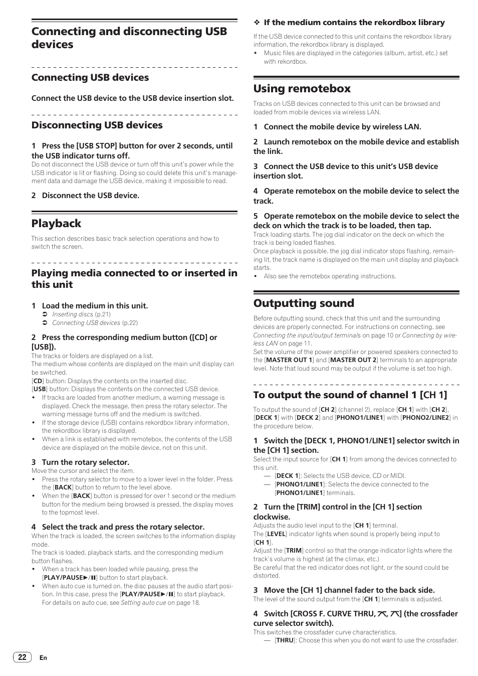 Connecting and disconnecting usb devices, Playback, Using remotebox | Outputting sound, Connecting usb devices, Disconnecting usb devices | Pioneer XDJ-R1 User Manual | Page 22 / 38