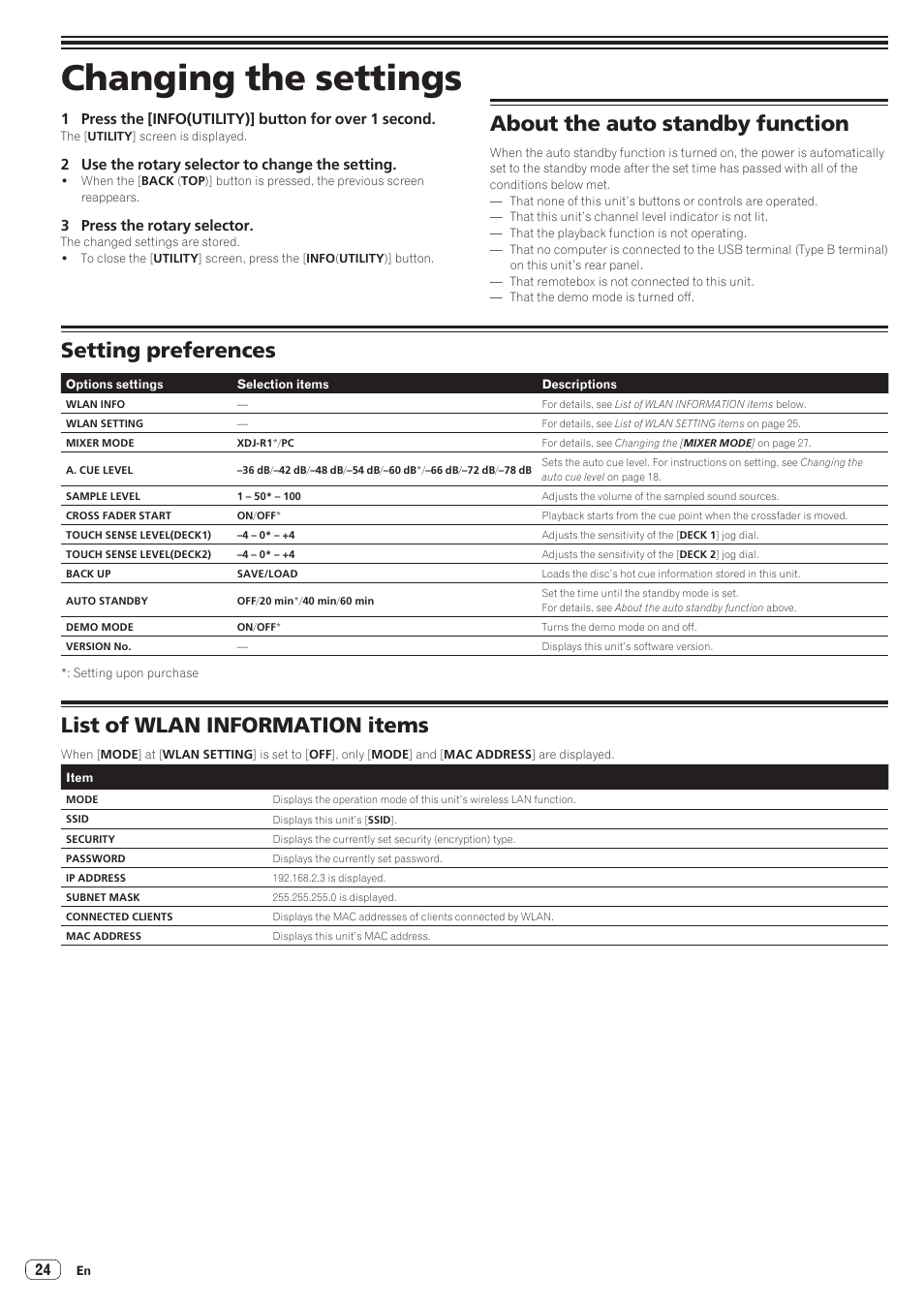Changing the settings, About the auto standby function, Setting preferences | List of wlan information items | Pioneer XDJ-R1 User Manual | Page 24 / 38