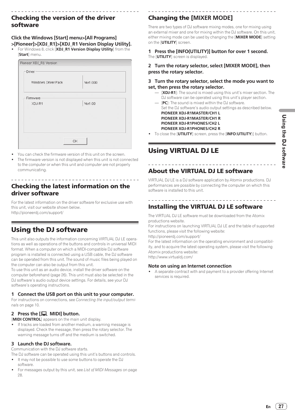 Using the dj software, Using virtual dj le, Using the dj software using virtual dj le | Checking the version of the driver software, Changing the [mixer mode, About the virtual dj le software, Installing the virtual dj le software | Pioneer XDJ-R1 User Manual | Page 27 / 38