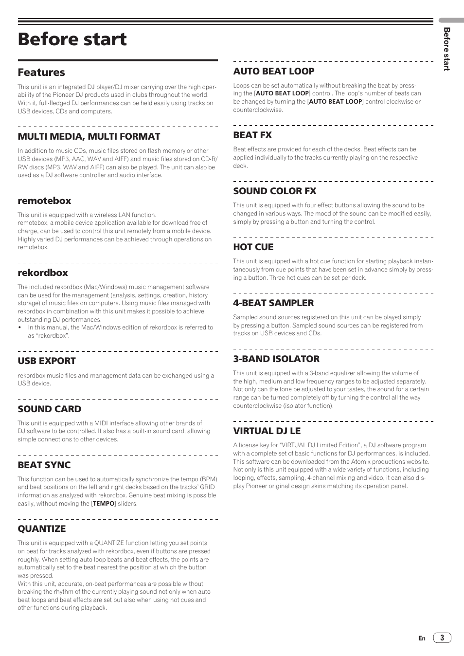 Before start, Features | Pioneer XDJ-R1 User Manual | Page 3 / 38