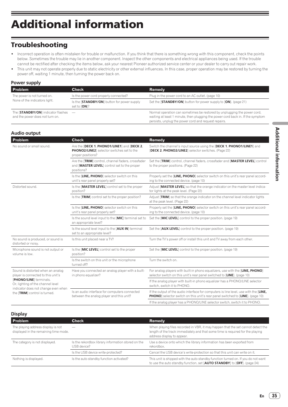 Additional information, Troubleshooting | Pioneer XDJ-R1 User Manual | Page 35 / 38