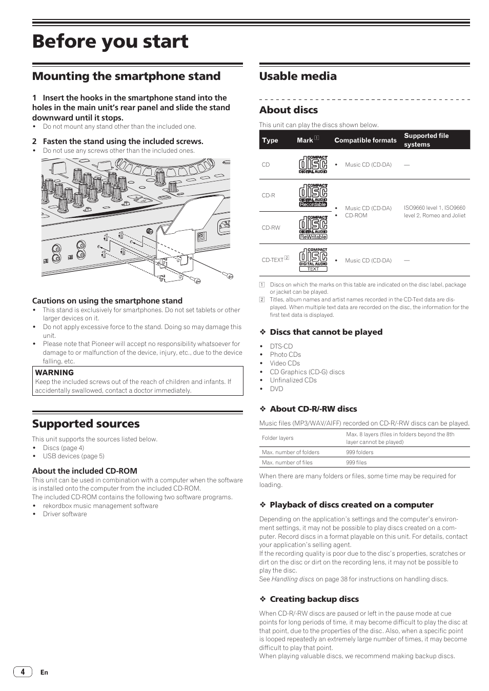 Before you start, Mounting the smartphone stand, Supported sources | Usable media, About discs | Pioneer XDJ-R1 User Manual | Page 4 / 38