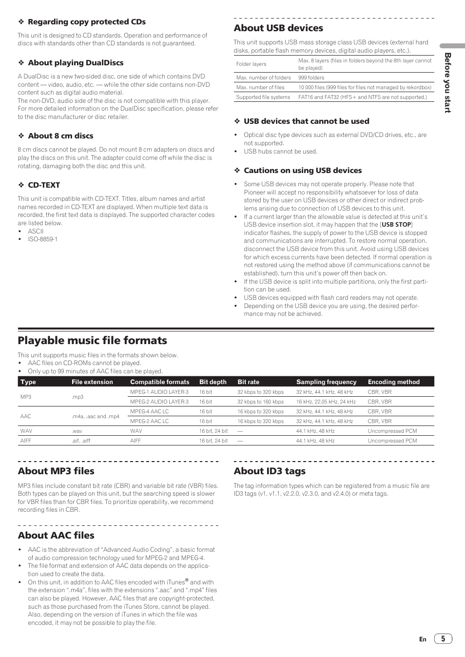 Playable music file formats, About usb devices, About mp3 files | About aac files, About id3 tags, Before you start | Pioneer XDJ-R1 User Manual | Page 5 / 38