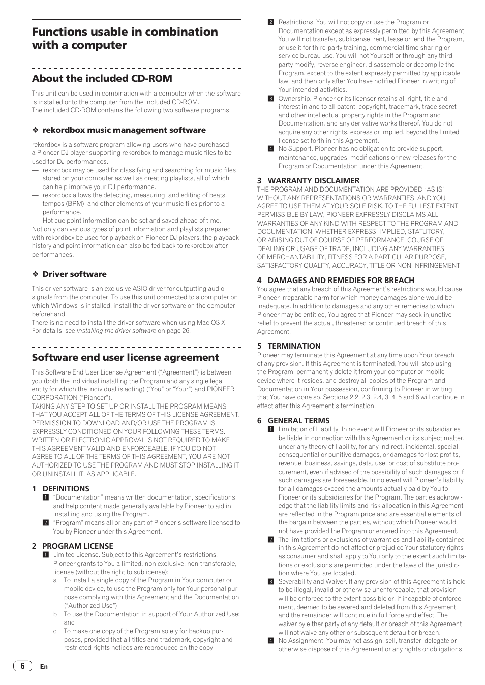 Functions usable in combination with a computer, About the included cd-rom, Software end user license agreement | Pioneer XDJ-R1 User Manual | Page 6 / 38