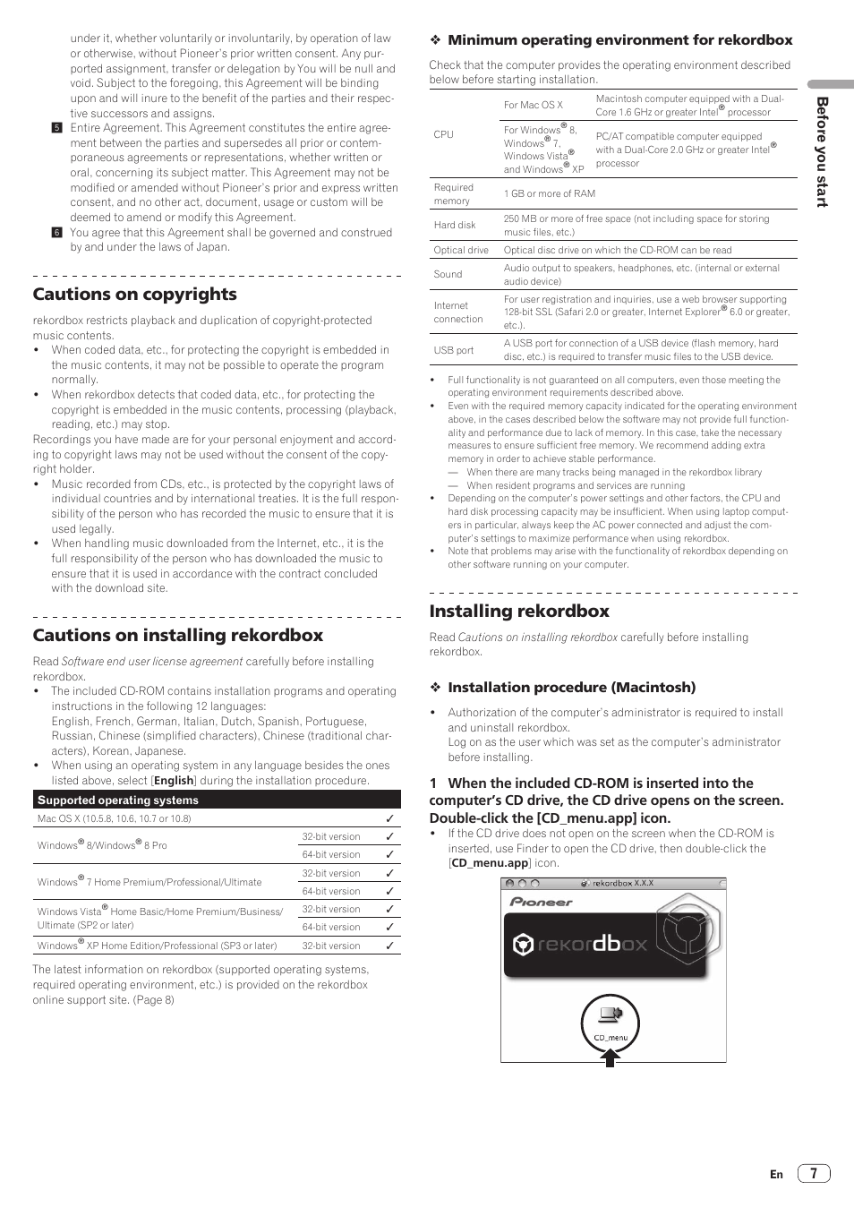 Cautions on copyrights, Cautions on installing rekordbox, Installing rekordbox | Before you start | Pioneer XDJ-R1 User Manual | Page 7 / 38