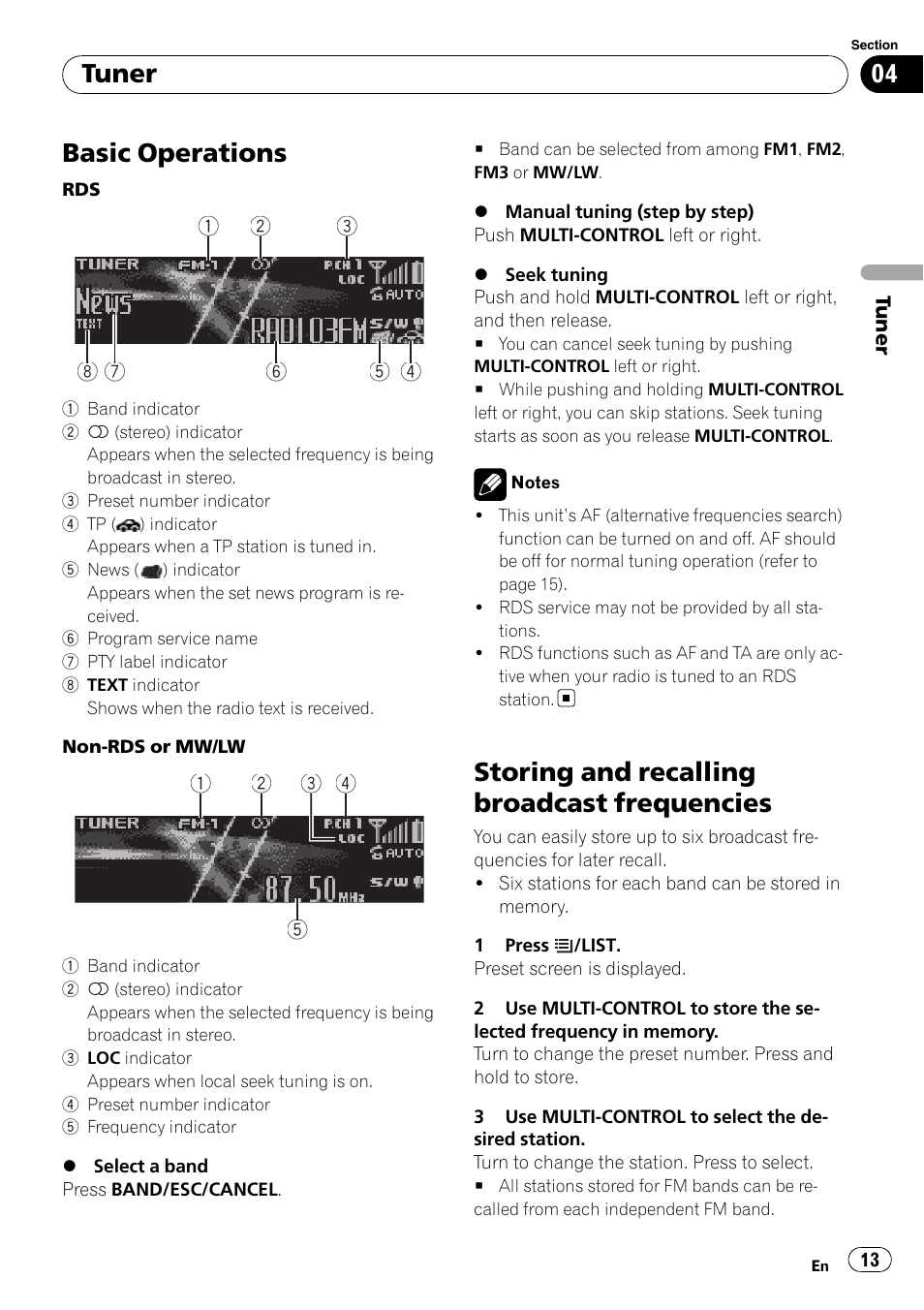 Tuner basic operations, Storing and recalling broadcast, Frequencies | Basic operations, Storing and recalling broadcast frequencies, Tuner | Pioneer DEH-P8100BT User Manual | Page 13 / 74