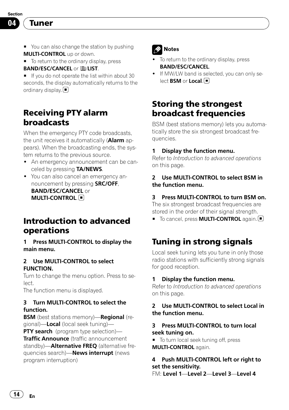 Receiving pty alarm broadcasts, Introduction to advanced operations, Storing the strongest broadcast | Frequencies, Tuning in strong signals, Storing the strongest broadcast frequencies, Tuner | Pioneer DEH-P8100BT User Manual | Page 14 / 74