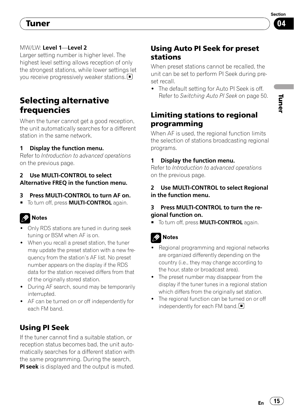 Selecting alternative frequencies, Using pi seek 15, Using auto pi seek for preset | Stations, Limiting stations to regional, Programming, Tuner, Using pi seek, Using auto pi seek for preset stations, Limiting stations to regional programming | Pioneer DEH-P8100BT User Manual | Page 15 / 74