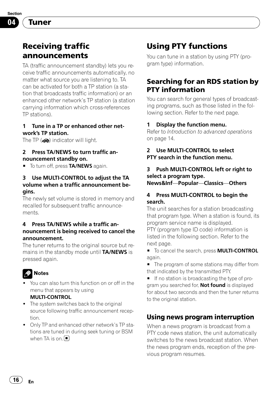 Receiving traffic announcements, Using pty functions, Searching for an rds station by pty | Information, Using news program interruption 16, Tuner, Searching for an rds station by pty information, Using news program interruption | Pioneer DEH-P8100BT User Manual | Page 16 / 74