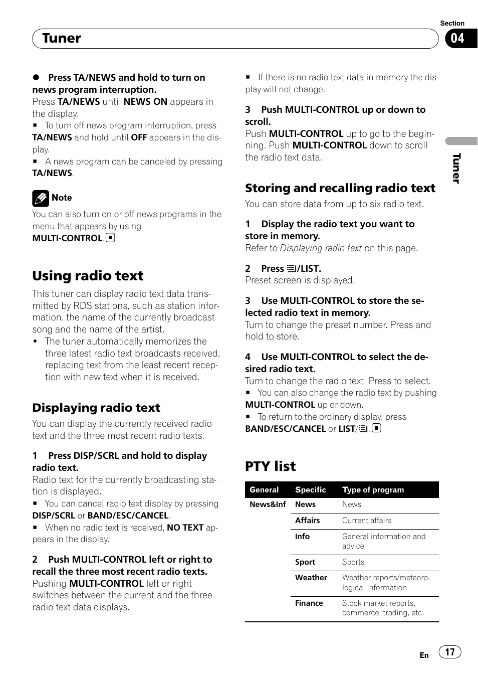 Using radio text, Displaying radio text 17, Storing and recalling radio text 17 | Pty list, Tuner, Displaying radio text, Storing and recalling radio text | Pioneer DEH-P8100BT User Manual | Page 17 / 74