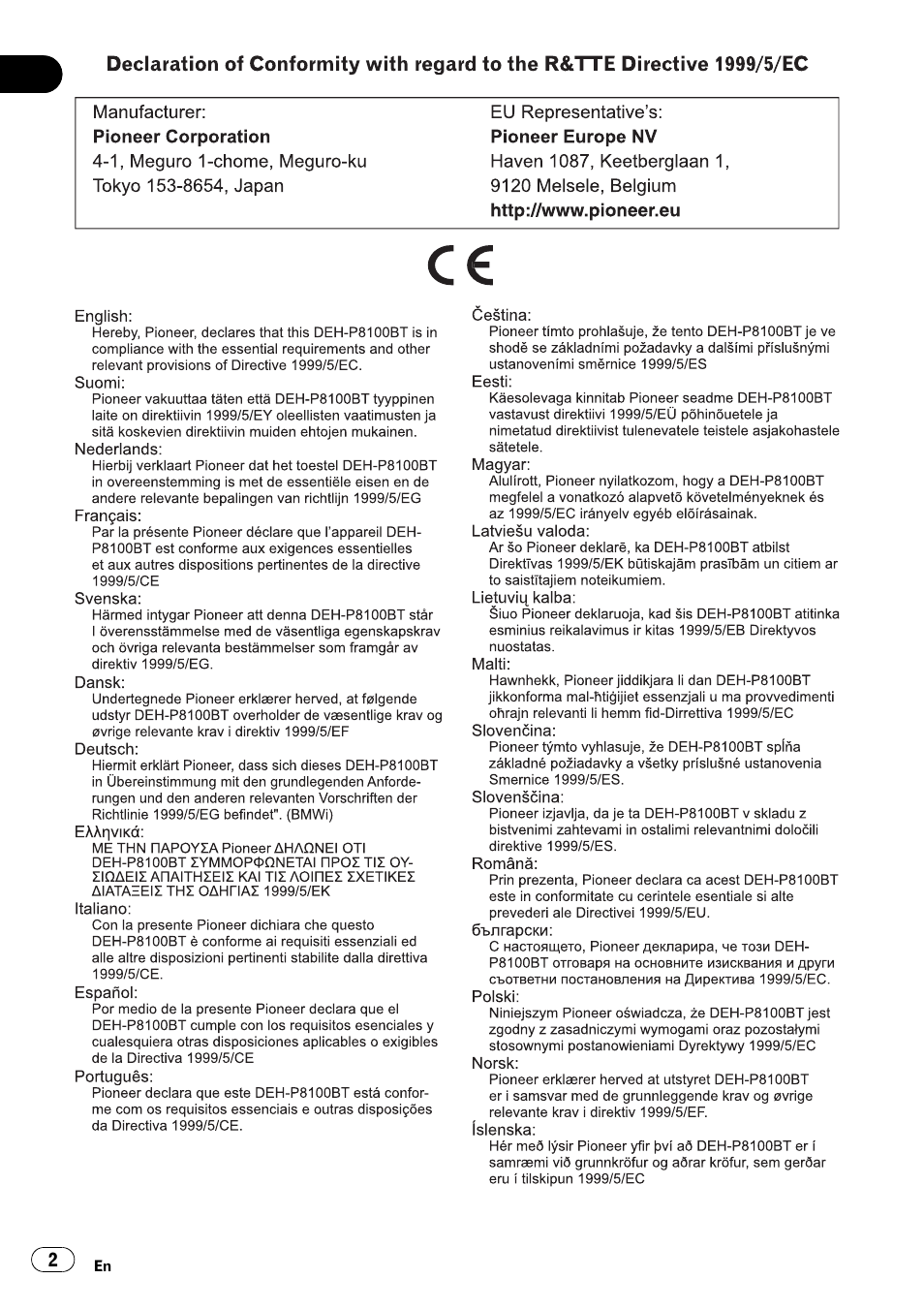 Pioneer DEH-P8100BT User Manual | Page 2 / 74