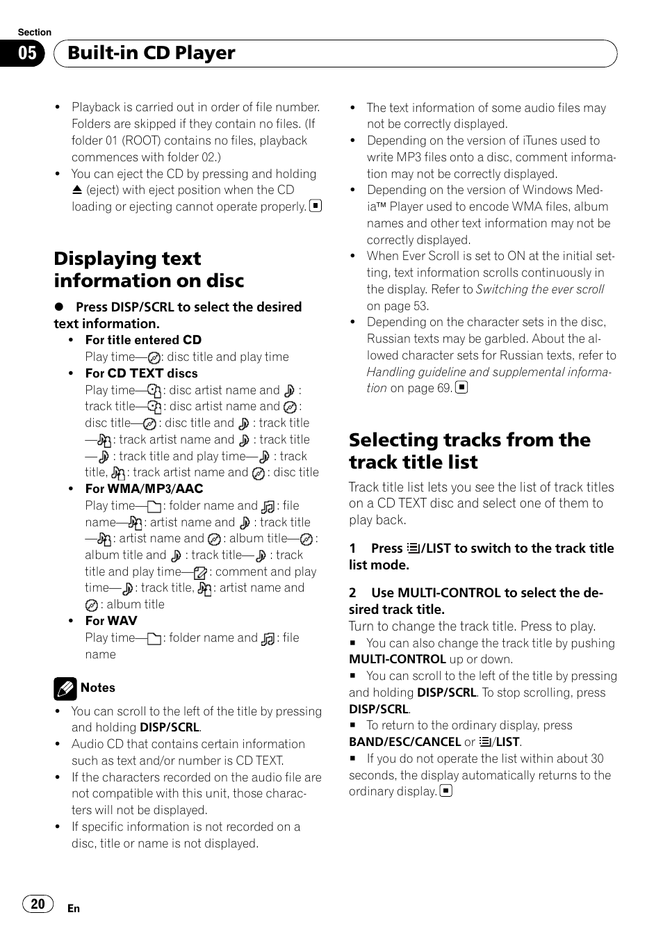 Displaying text information on disc, Selecting tracks from the track title list, Built-in cd player | Pioneer DEH-P8100BT User Manual | Page 20 / 74