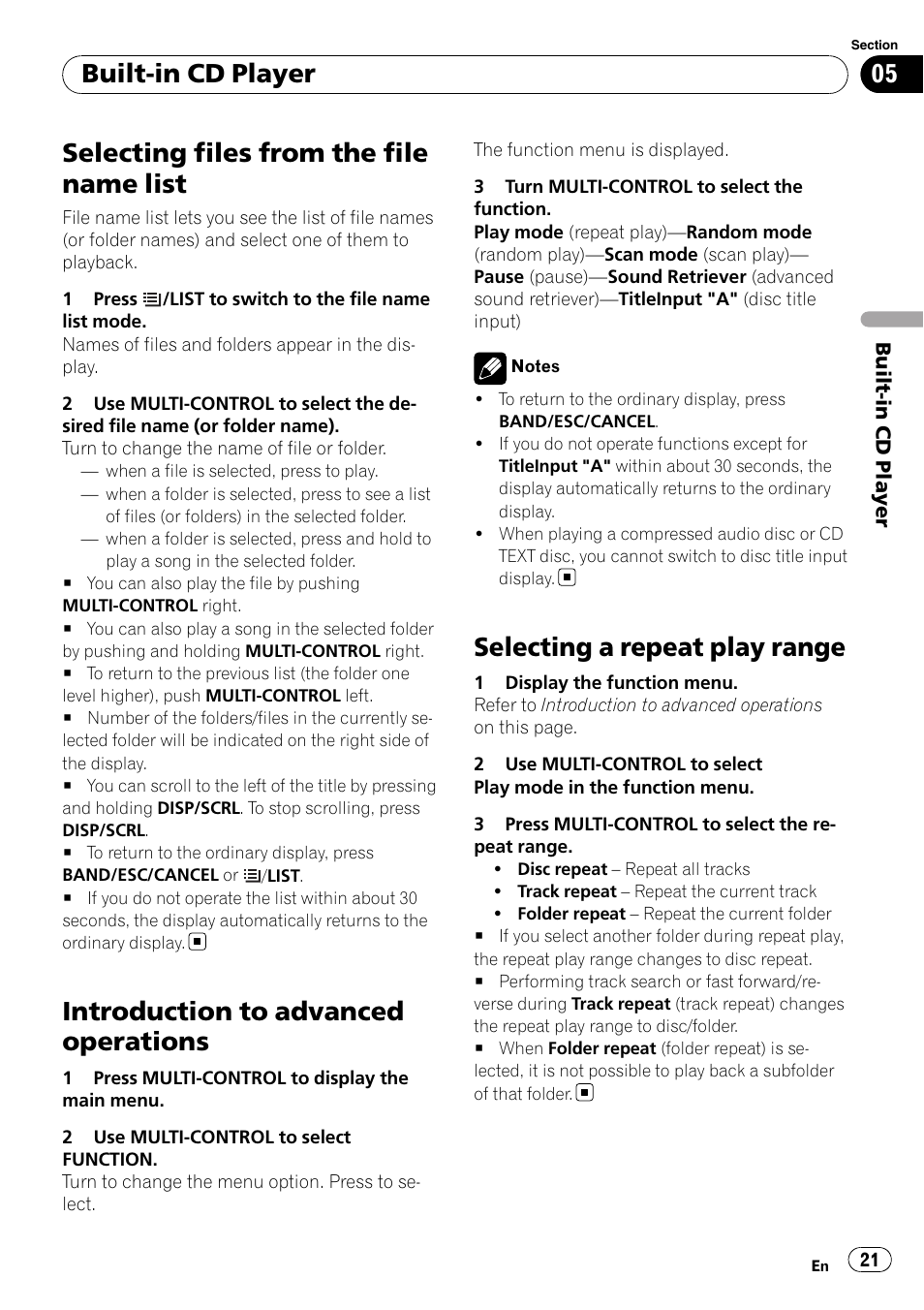 Selecting files from the file name list, Introduction to advanced operations, Selecting a repeat play range | Built-in cd player | Pioneer DEH-P8100BT User Manual | Page 21 / 74