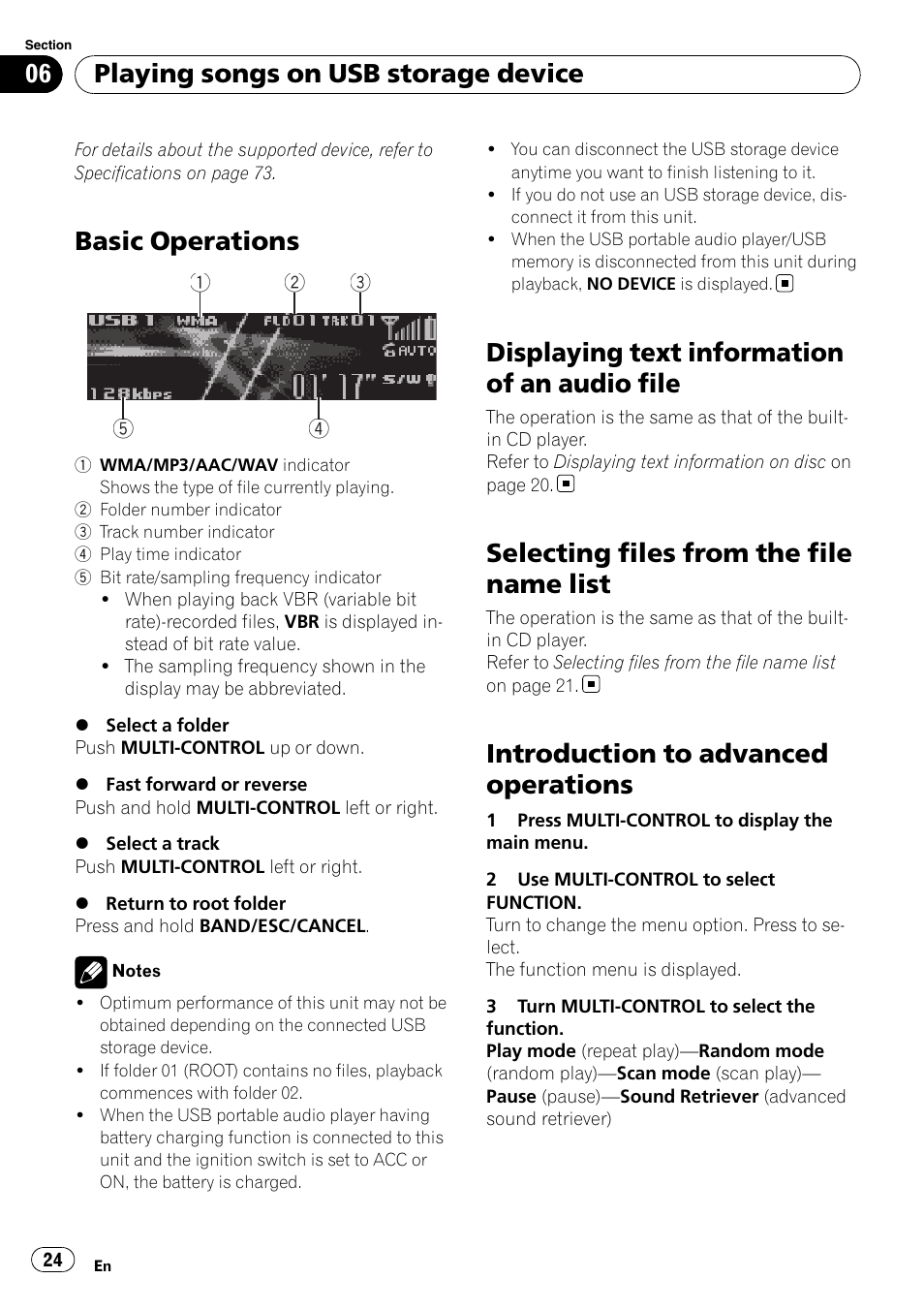 Displaying text information of an audio, File, Selecting files from the file name list | Introduction to advanced operations, Basic operations, Displaying text information of an audio file, Playing songs on usb storage device | Pioneer DEH-P8100BT User Manual | Page 24 / 74