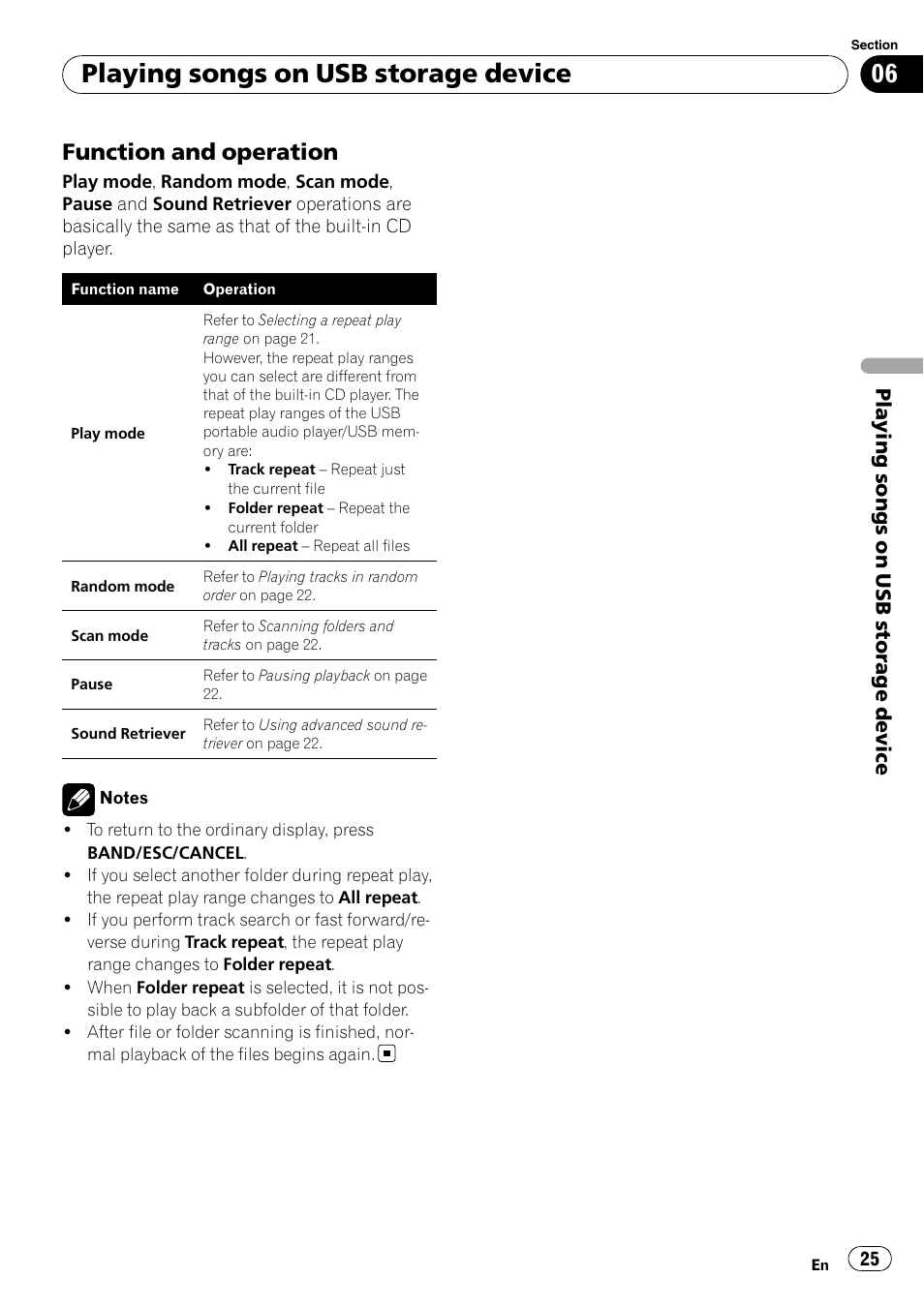 Function and operation 25, Playing songs on usb storage device, Function and operation | Pioneer DEH-P8100BT User Manual | Page 25 / 74