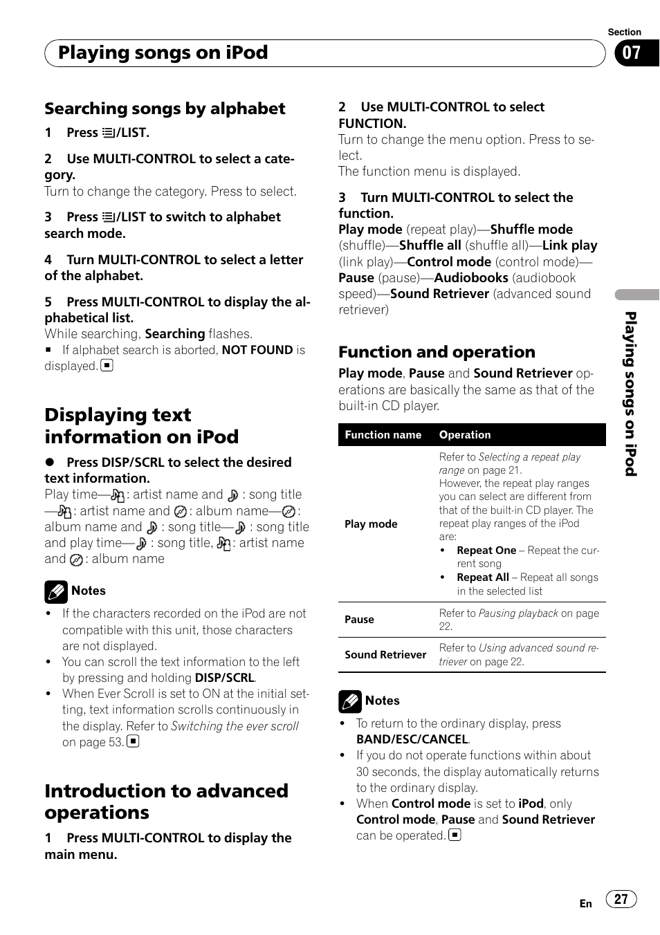 Searching songs by alphabet 27, Displaying text information on ipod, Introduction to advanced operations | Function and operation 27, Playing songs on ipod, Searching songs by alphabet, Function and operation | Pioneer DEH-P8100BT User Manual | Page 27 / 74