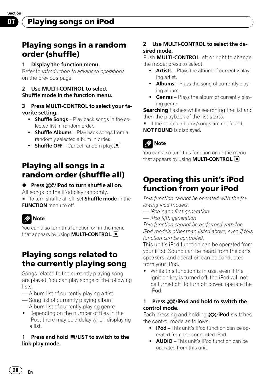 Playing songs in a random order, Shuffle), Playing all songs in a random order (shuffle | All), Playing songs related to the currently playing, Song, Operating this unit, S ipod function from your, Ipod, Playing songs in a random order (shuffle) | Pioneer DEH-P8100BT User Manual | Page 28 / 74