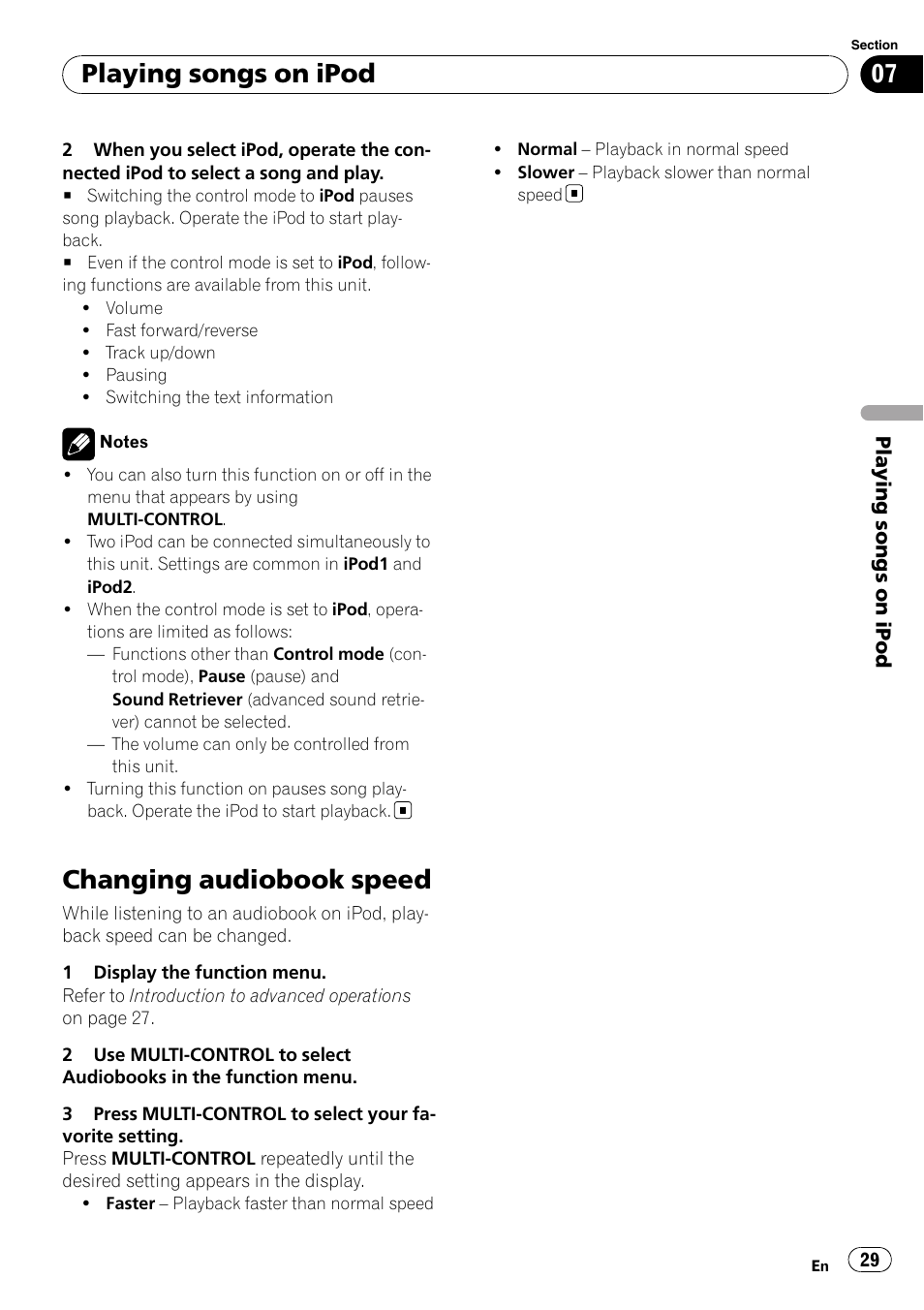 Changing audiobook speed, Playing songs on ipod | Pioneer DEH-P8100BT User Manual | Page 29 / 74