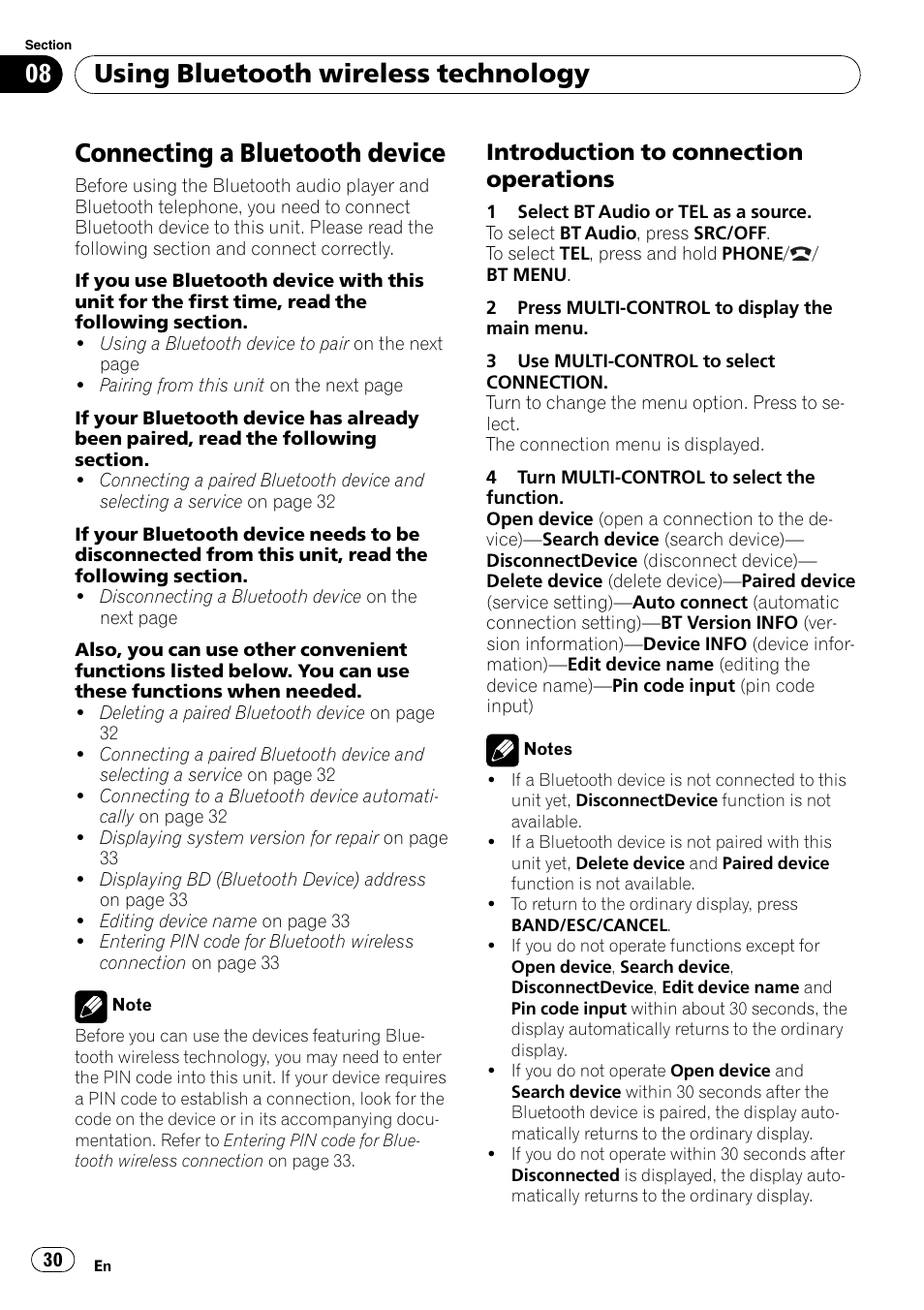 Introduction to connection, Operations, Connecting a bluetooth device | Using bluetooth wireless technology, Introduction to connection operations | Pioneer DEH-P8100BT User Manual | Page 30 / 74