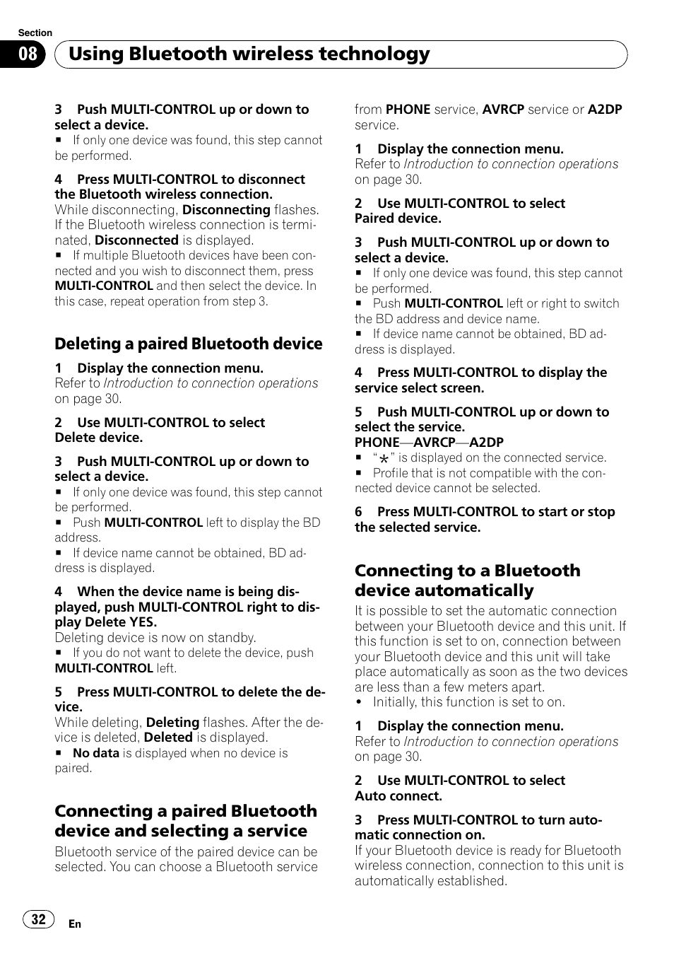 Deleting a paired bluetooth device 32, Connecting a paired bluetooth device, And selecting a service | Connecting to a bluetooth device, Automatically, Connecting a paired bluetooth device and, Connecting to a bluetooth device automati, Using bluetooth wireless technology, Deleting a paired bluetooth device, Connecting to a bluetooth device automatically | Pioneer DEH-P8100BT User Manual | Page 32 / 74