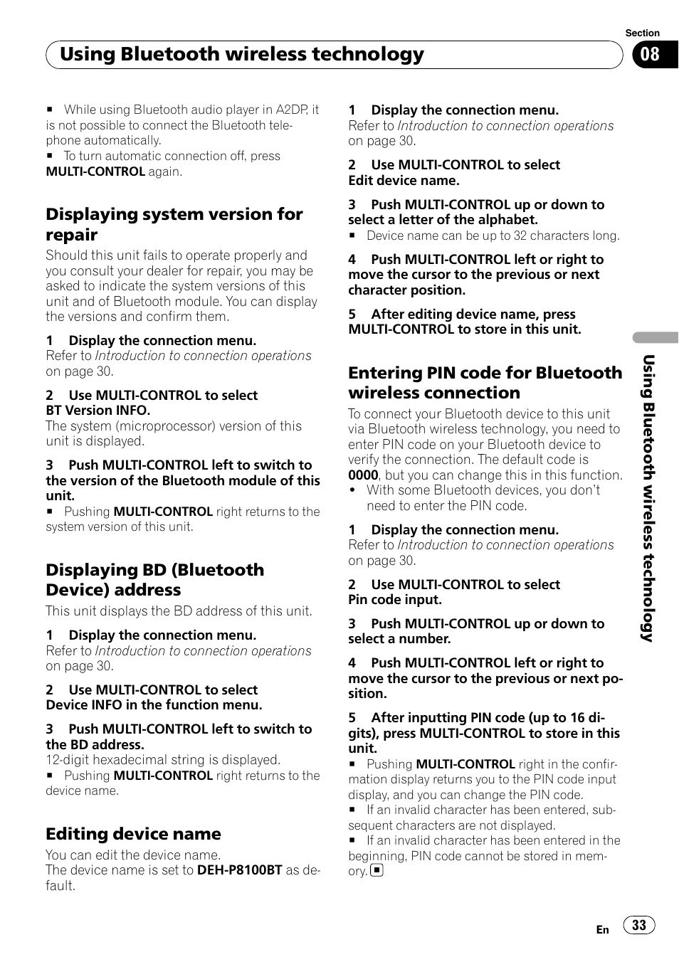 Displaying system version for, Repair, Displaying bd (bluetooth device) | Address, Editing device name 33, Entering pin code for bluetooth, Wireless connection, Displaying bd (bluetooth device) address, Entering pin code for bluetooth wireless, Using bluetooth wireless technology | Pioneer DEH-P8100BT User Manual | Page 33 / 74