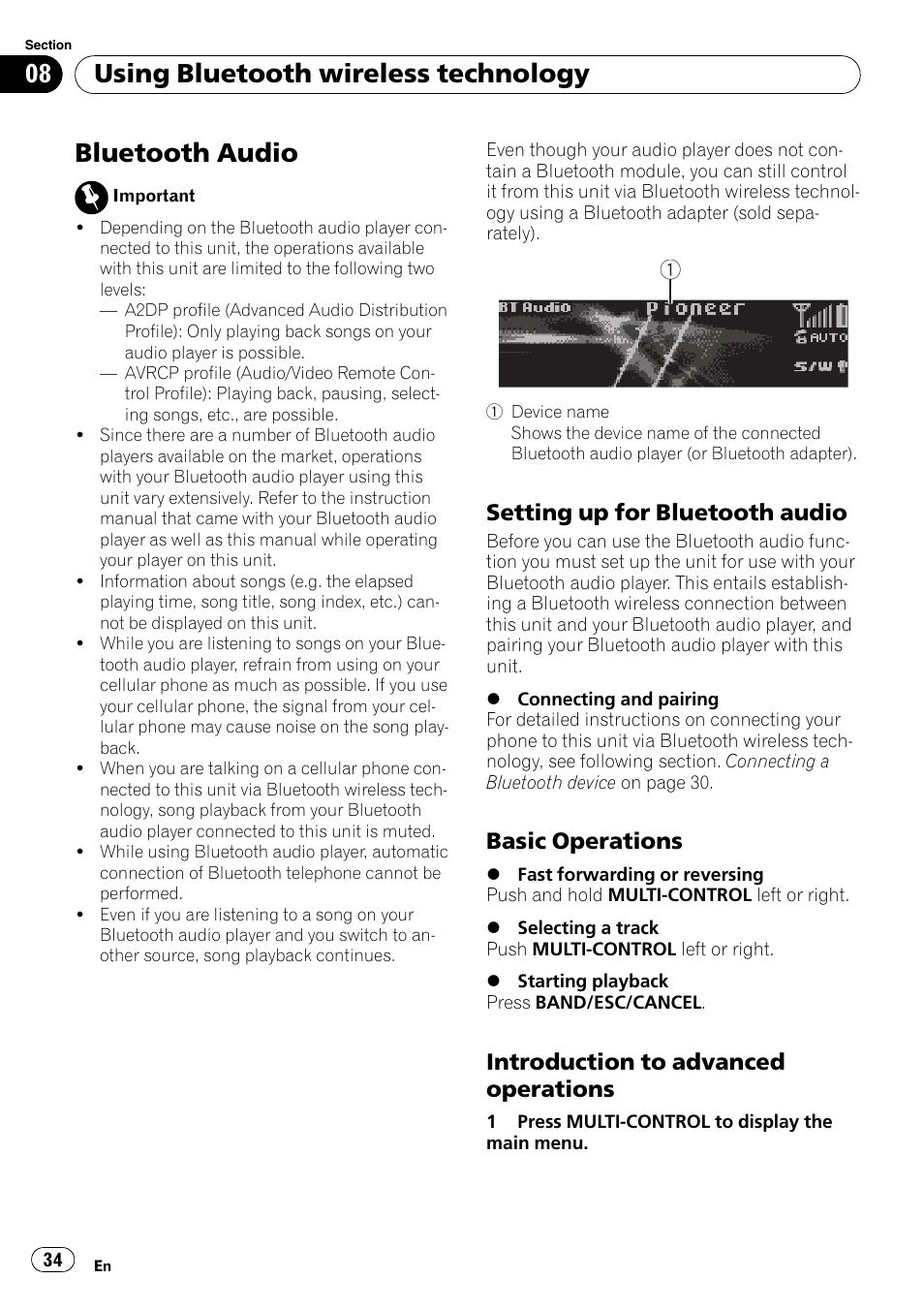 Bluetooth audio, Setting up for bluetooth audio 34, Basic operations 34 | Introduction to advanced, Operations, Using bluetooth wireless technology, Setting up for bluetooth audio, Basic operations, Introduction to advanced operations | Pioneer DEH-P8100BT User Manual | Page 34 / 74