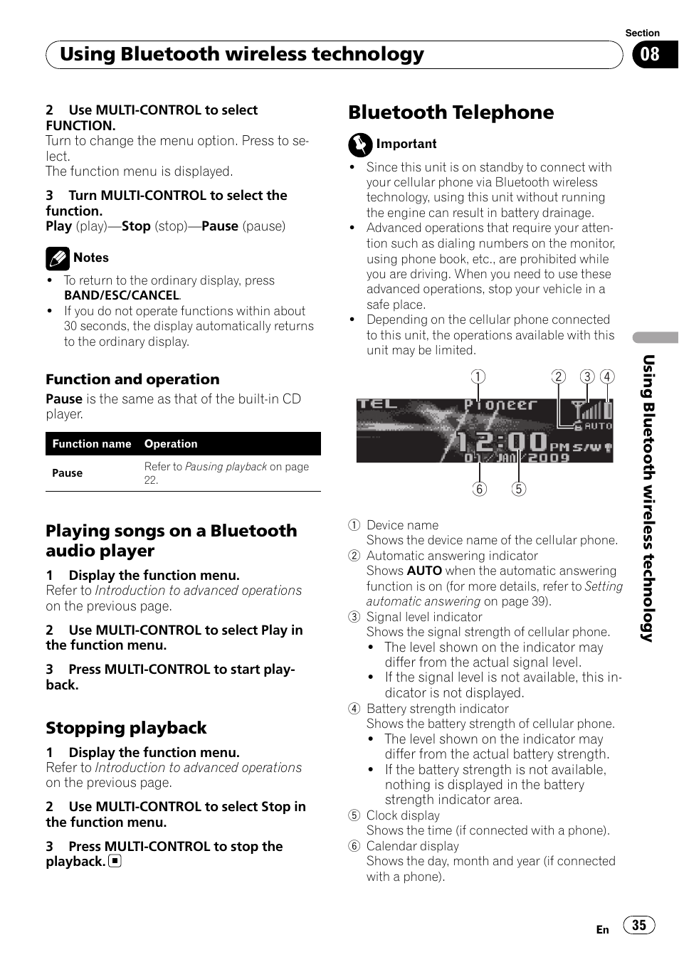 Playing songs on a bluetooth audio, Player, Stopping playback 35 | Bluetooth telephone, Using bluetooth wireless technology, Playing songs on a bluetooth audio player, Stopping playback | Pioneer DEH-P8100BT User Manual | Page 35 / 74