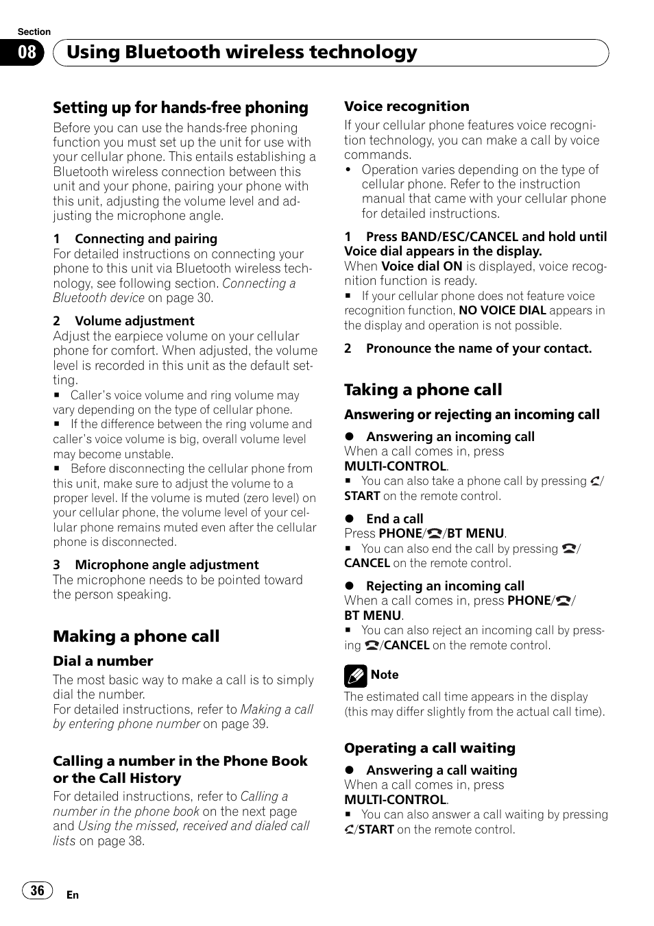 Setting up for hands-free phoning 36, Making a phone call 36, Taking a phone call 36 | Using bluetooth wireless technology, Setting up for hands-free phoning, Making a phone call, Taking a phone call | Pioneer DEH-P8100BT User Manual | Page 36 / 74