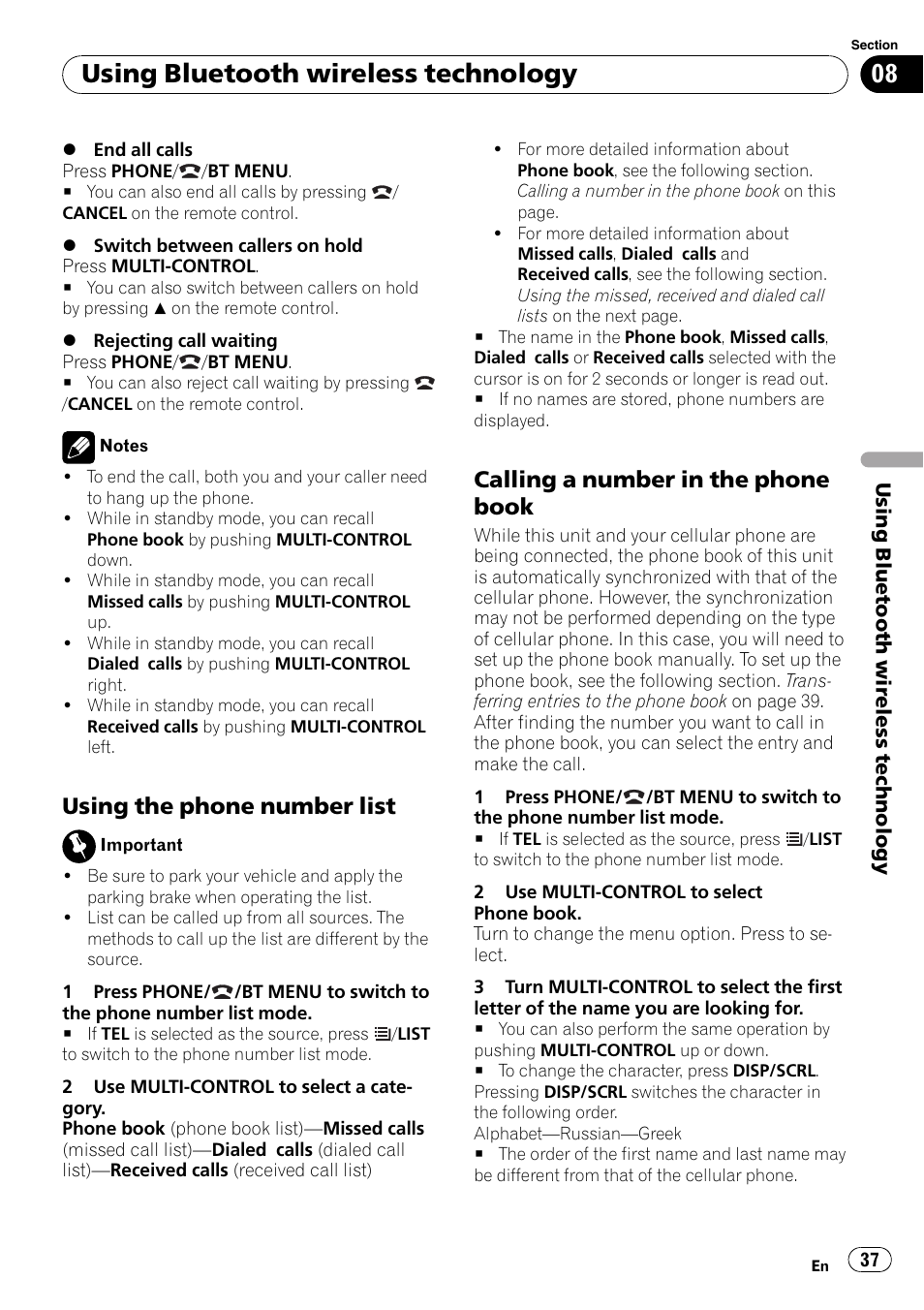 Using the phone number list 37, Calling a number in the phone, Book | Using bluetooth wireless technology, Using the phone number list, Calling a number in the phone book | Pioneer DEH-P8100BT User Manual | Page 37 / 74
