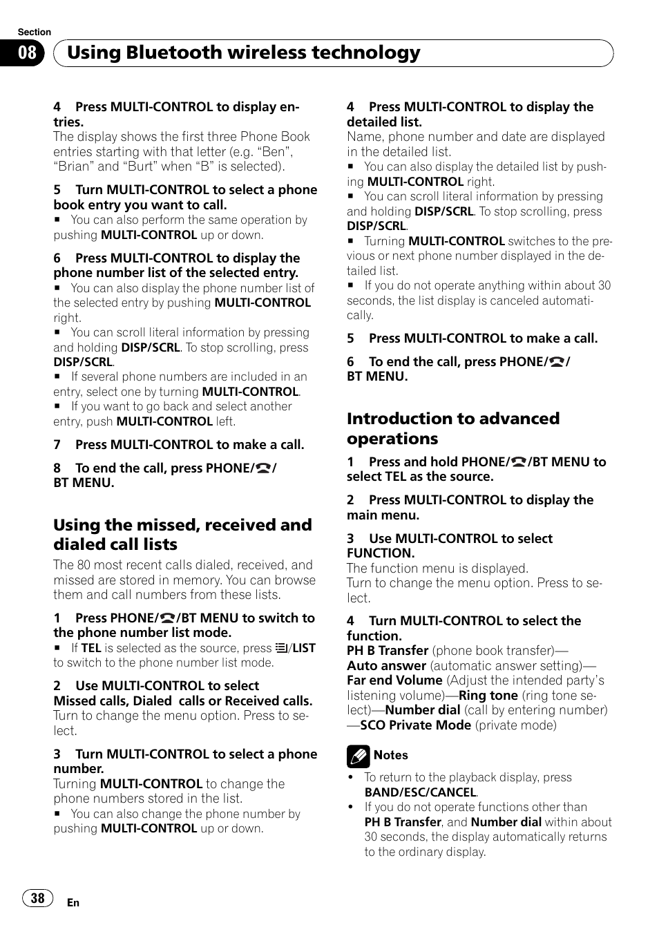 Using the missed, received and dialed, Call lists, Introduction to advanced | Operations, Using bluetooth wireless technology, Using the missed, received and dialed call lists, Introduction to advanced operations | Pioneer DEH-P8100BT User Manual | Page 38 / 74