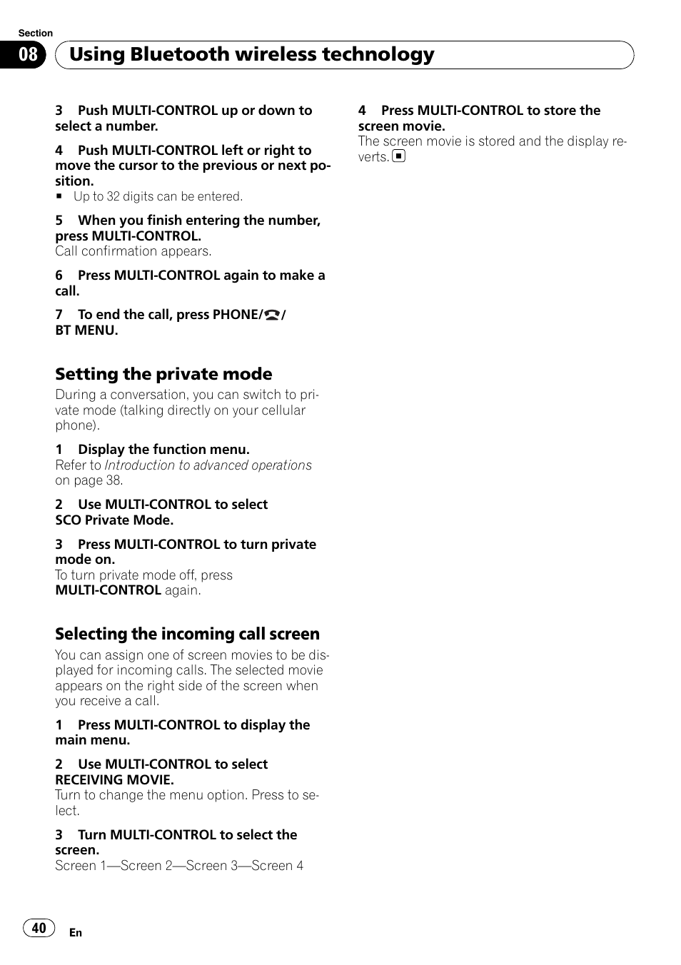 Setting the private mode 40, Selecting the incoming call screen 40, Using bluetooth wireless technology | Setting the private mode, Selecting the incoming call screen | Pioneer DEH-P8100BT User Manual | Page 40 / 74