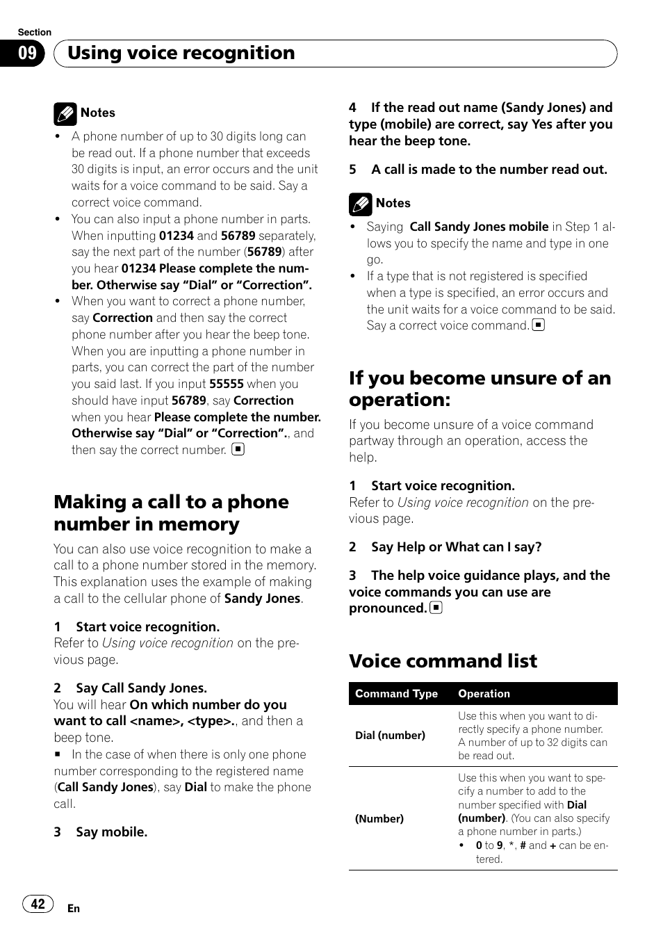 Making a call to a phone number in, Memory, If you become unsure of an operation | Voice command list, The next, Using voice recognition | Pioneer DEH-P8100BT User Manual | Page 42 / 74
