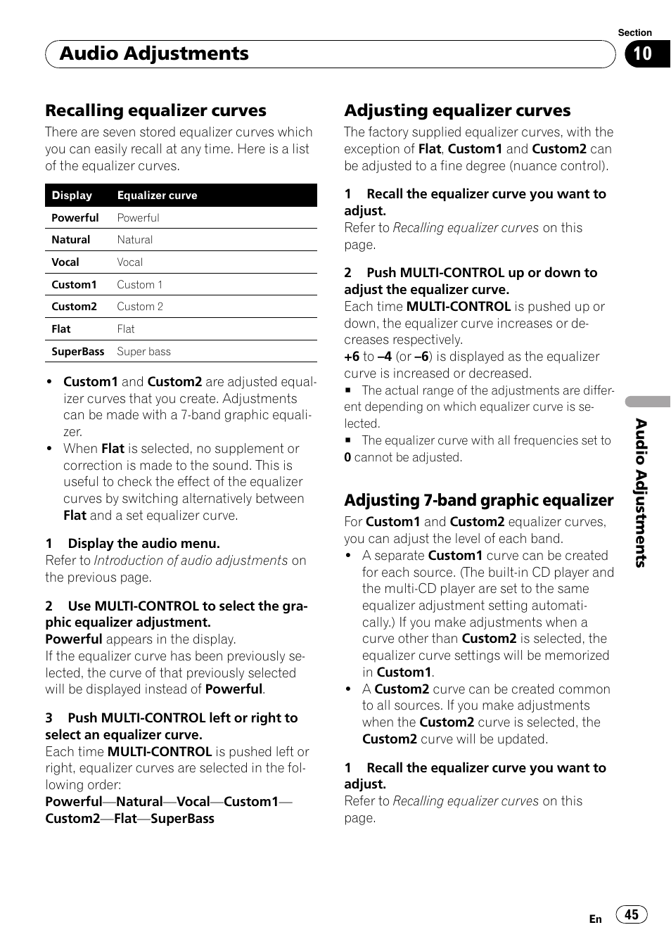 Recalling equalizer curves 45, Adjusting equalizer curves 45, Adjusting 7-band graphic equalizer 45 | Audio adjustments, Recalling equalizer curves, Adjusting equalizer curves, Adjusting 7-band graphic equalizer | Pioneer DEH-P8100BT User Manual | Page 45 / 74