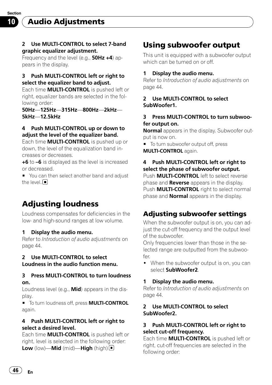 Adjusting loudness, Using subwoofer output, Adjusting subwoofer settings 46 | Audio adjustments, Adjusting subwoofer settings | Pioneer DEH-P8100BT User Manual | Page 46 / 74