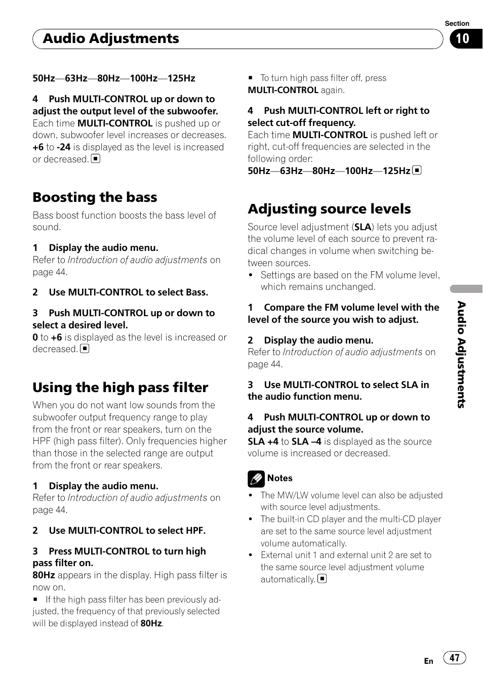 Boosting the bass, Using the high pass filter, Adjusting source levels | Audio adjustments | Pioneer DEH-P8100BT User Manual | Page 47 / 74