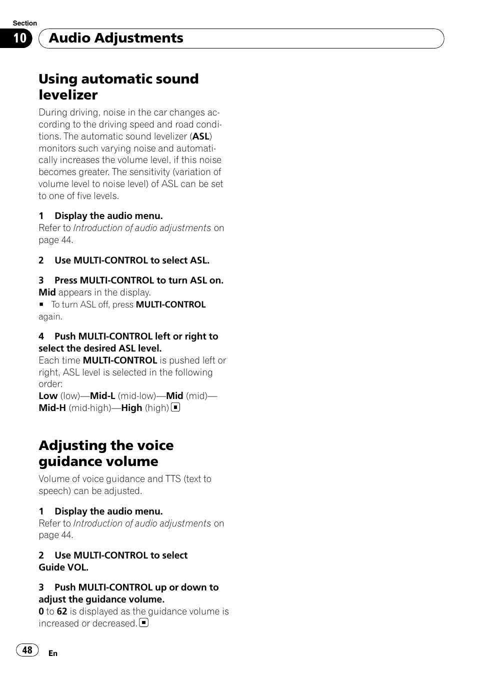 Using automatic sound levelizer, Adjusting the voice guidance volume, Audio adjustments | Pioneer DEH-P8100BT User Manual | Page 48 / 74