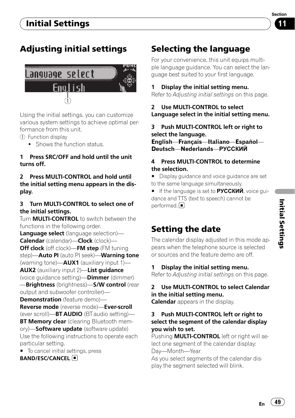 Initial settings adjusting initial settings, Selecting the language, Setting the date | Adjusting initial settings, Initial settings | Pioneer DEH-P8100BT User Manual | Page 49 / 74