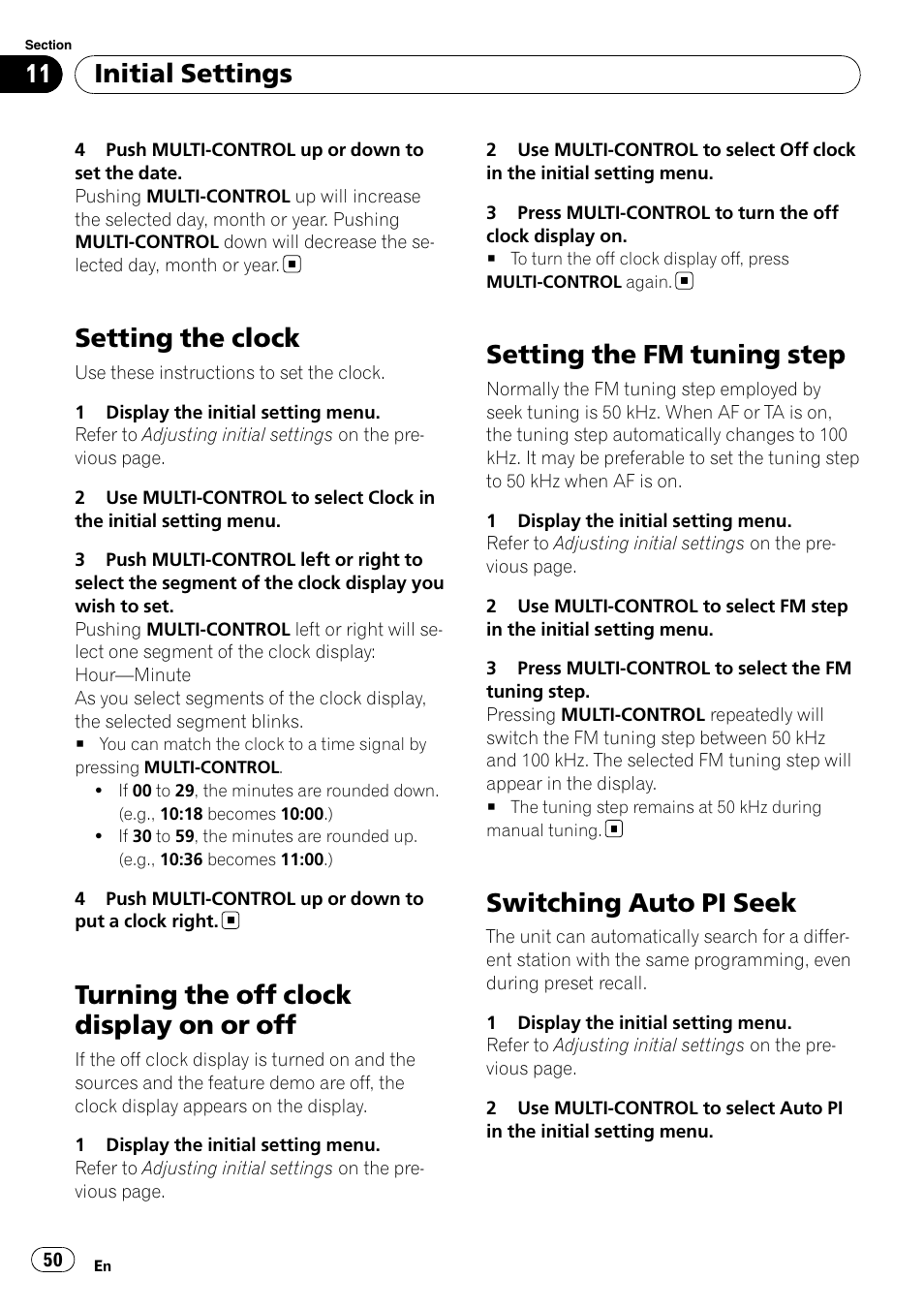 Setting the clock, Turning the off clock display on or off, Setting the fm tuning step | Switching auto pi seek, Initial settings | Pioneer DEH-P8100BT User Manual | Page 50 / 74