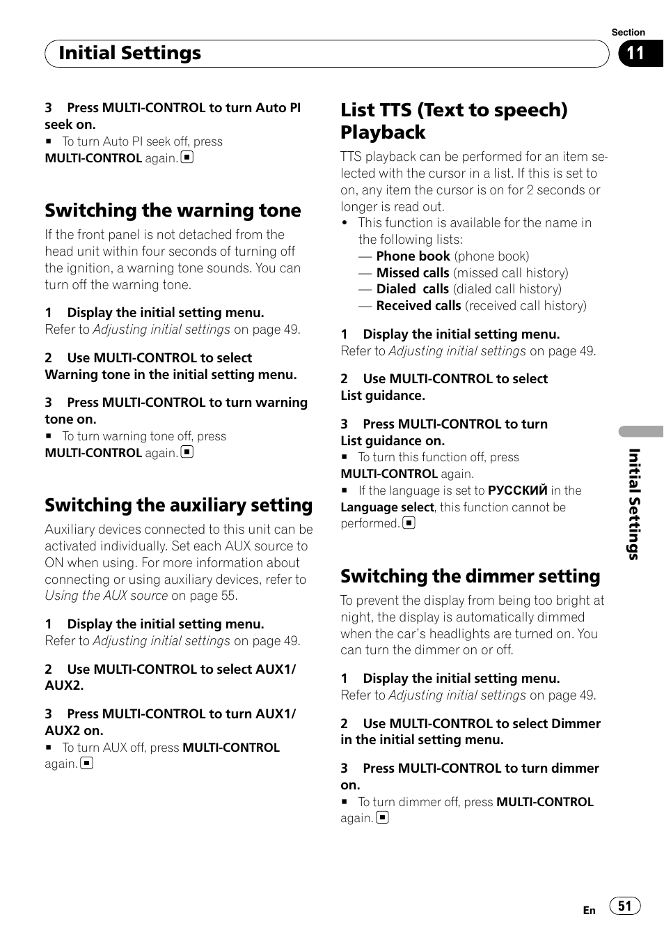 Switching the warning tone, Switching the auxiliary setting, List tts (text to speech) playback | Switching the dimmer setting, Initial settings | Pioneer DEH-P8100BT User Manual | Page 51 / 74